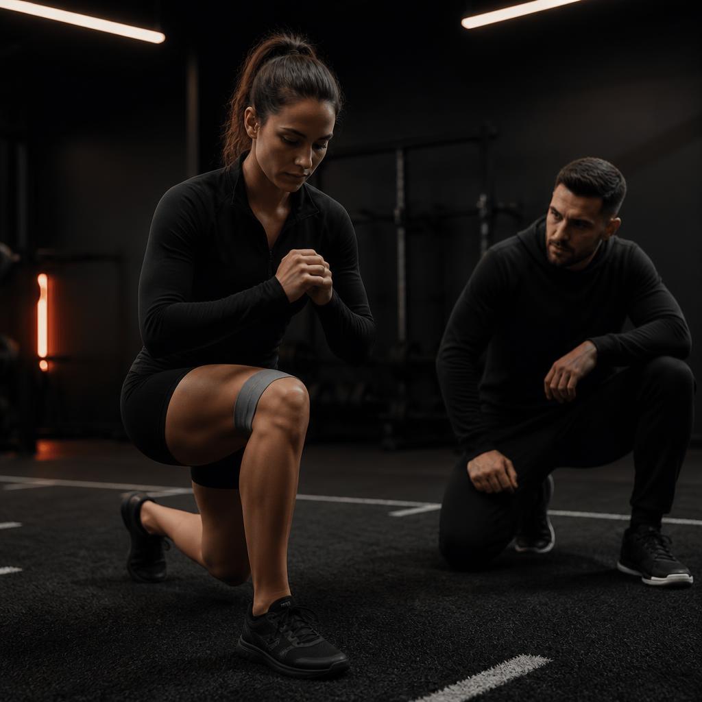 Knäövning med motståndsband under rehabpass på UNX Gym
